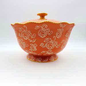 Tara Temptations Pumpkin Floral Lace Serving Bowl w Lid Ovenware Orange 3 quart